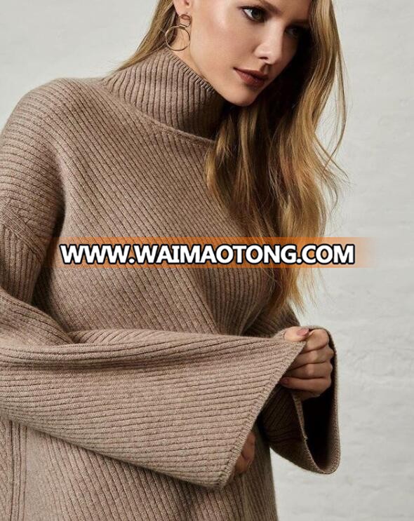 Women cashmere turtle neck pullover with flare sleeve